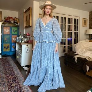 Staud long sleeve blue gown brunch occasion wedding guest dress